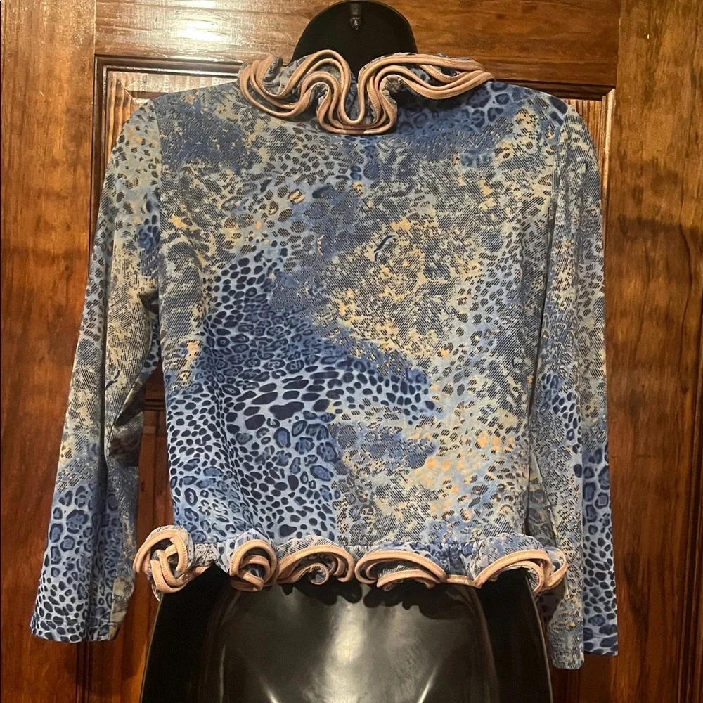 Blue and Gold Animal Print Ruffle Top